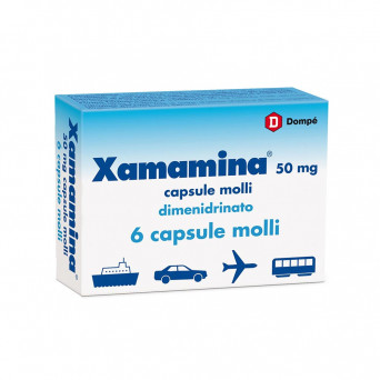 Xamamina 6 capsules molles anti-nausées utilisées contre le mal de la mer, de l'avion, de la voiture et du train.