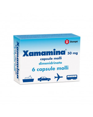 Xamamina 6 capsules molles anti-nausées utilisées contre le mal de la mer, de l'avion, de la voiture et du train.