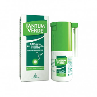 Tantum verde 0,15% soluzione spray 30 ml indicata in caso di gengiviti, stomatiti, faringiti.