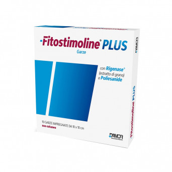 Fitostimoline Plus 10 gauzes indicated for the treatment of ulcers, sores, wounds, burns.