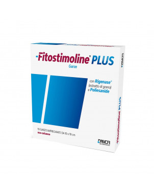 Fitostimoline Plus 10 gauzes indicated for the treatment of ulcers, sores, wounds, burns.