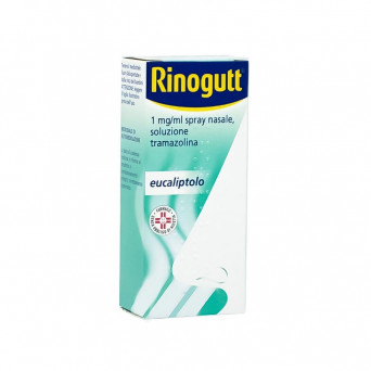 Rinogutt eucalyptol nasal spray 10 ml useful in case of cold, flu, sinusitis, allergy.