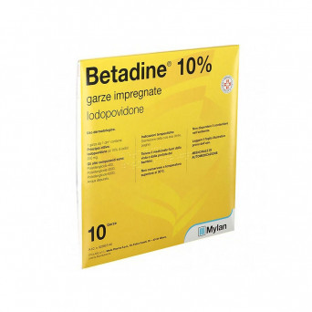 Betadine 10 gasas impregnadas de 10x10 cm utilizadas para el tratamiento de pequeñas heridas e infecciones de la piel.