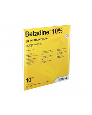 Betadine 10 gasas impregnadas de 10x10 cm utilizadas para el tratamiento de pequeñas heridas e infecciones de la piel.