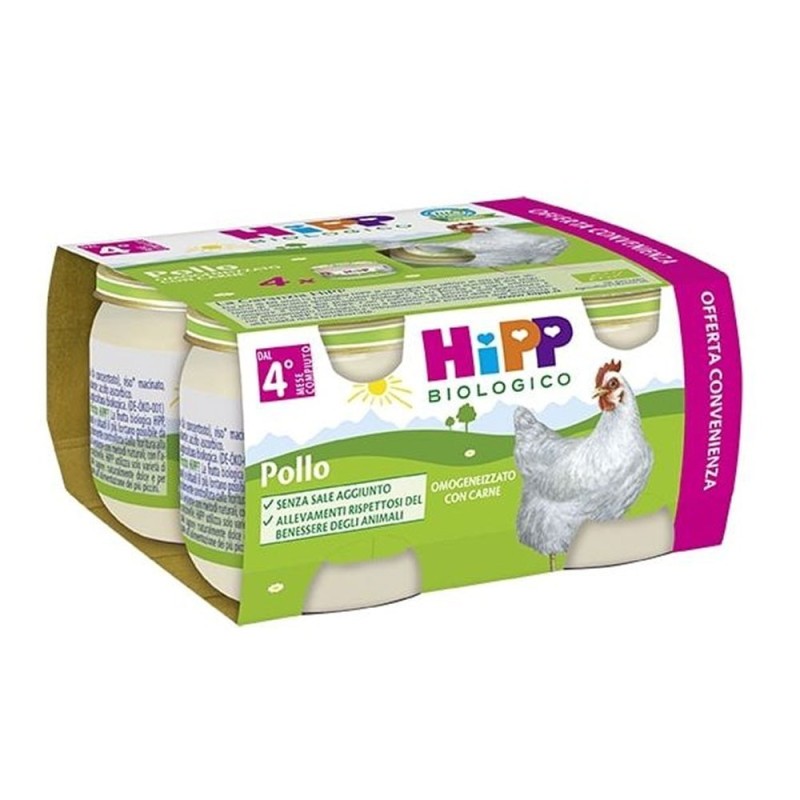 Hipp biologico
omogeneizzato
pollo
4 mesi+
Confezione 4 vasetti da 80 g