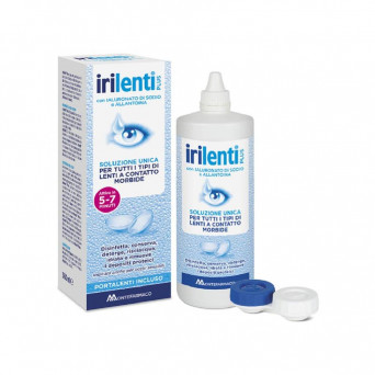 Irilenti Plus soluzione unica lenti 100 ml deterge, disinfetta, risciacqua, idrata, conserva, rimuove le proteine.