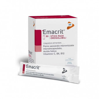 Emacrit 30 bustine Integratore alimentare di ferro saccarato micronizzato microincapsulato, acido folico, Vitamina C, B6, B12