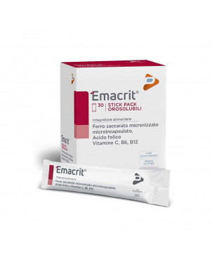 Emacrit 30 bustine Integratore alimentare di ferro saccarato micronizzato microincapsulato, acido folico, Vitamina C, B6, B12