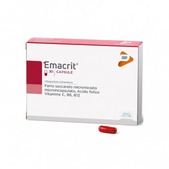 Emacrit 30 capsule Integratore alimentare di ferro saccarato micronizzato microincapsulato, acido folico e vitamine C, B6, B12