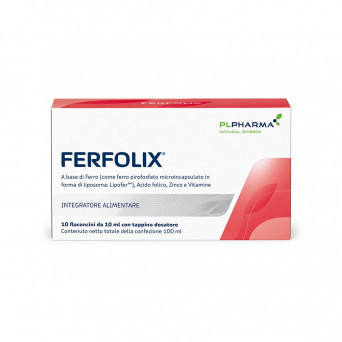 Ferfolix 10 flaconcini integratore alimentare a base di Ferro, Acido folico, Zinco e Vitamine.