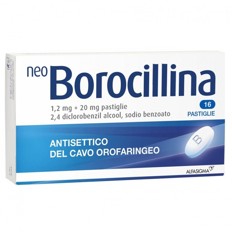 neo Borocillina
1,2 mg + 20 mg pastiglie
2,4 diclorobenzil alcool, sodio benzoato
antisettico del cavo orale