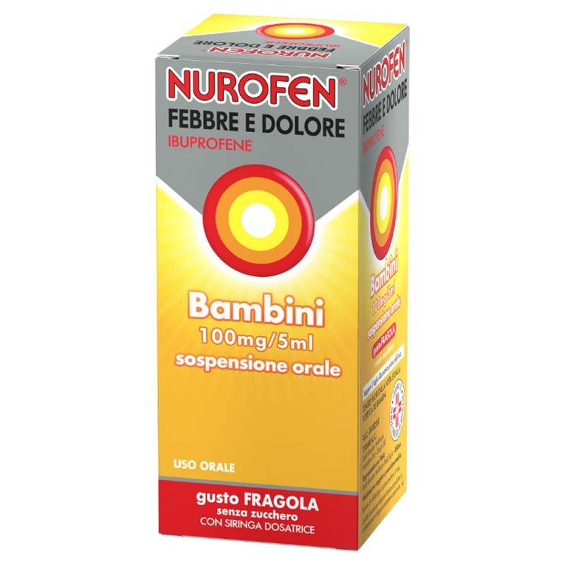 Nurofen
febbre dolore
bambini 100 mg/5 ml sospensione orale
Ibuprofene
gusto fragola, senza zucchero