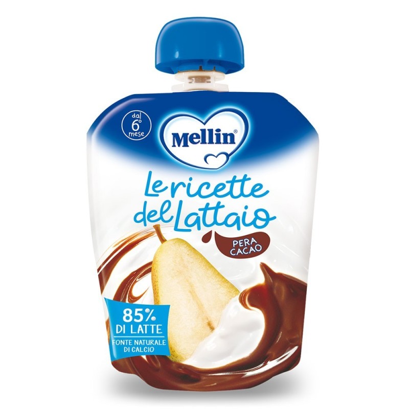 Mellin
Le ricette del lattaio
pera cacao
85% di latte | fonte naturale di calcio
6 mesi+