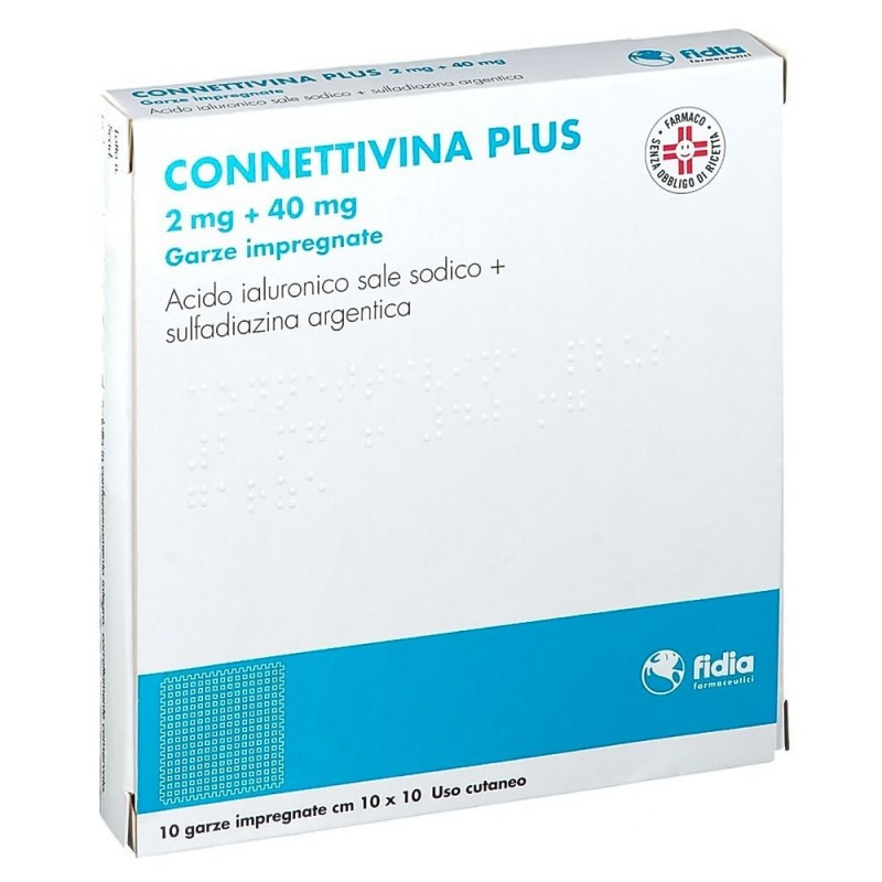 Connettivina plus
2 mg + 40 mg garze impregnate
Acido ialuronico sale sodico + sulfadiazina argentica