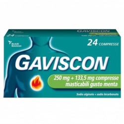 Gaviscon
250 + 133,5 mg compresse
sodio alginato + sodio bicarbonato
gusto menta, masticabili