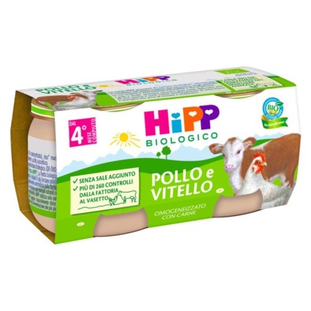 Hipp Biologico
omogeneizzato
Pollo e vitello
4 mesi+
Confezione 2 vasetti da 80 g