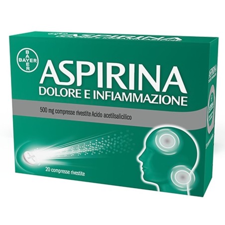 Aspirina
dolore e infiammazione
500 mg compresse rivestite
Acido acetilsalicilico
confezione da 20 compresse rivestite