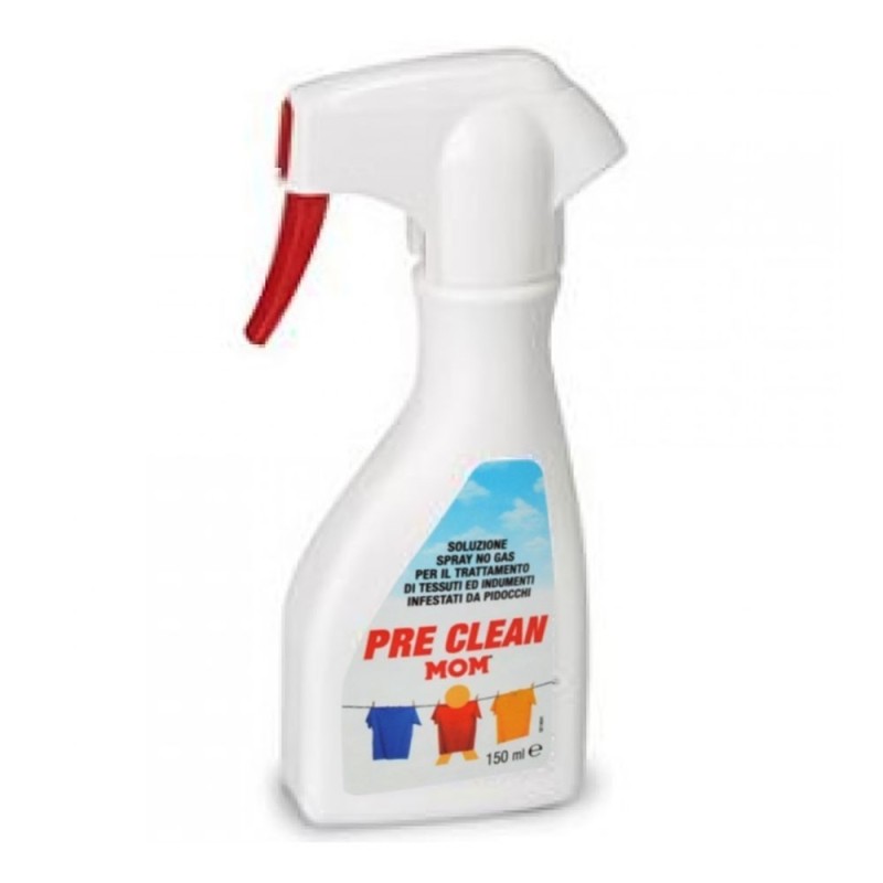 Mom
pre clean
Soluzione spray no gas per il trattamento di tessuti ed indumenti infestati da pidocchi
Flacone spray da 150 ml