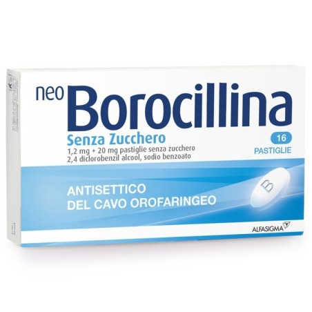 neo Borocillina
senza zucchero
1,2 mg + 20 mg pastiglie senza zucchero
2,4 diclorobenzil alcool, sodio benzoato